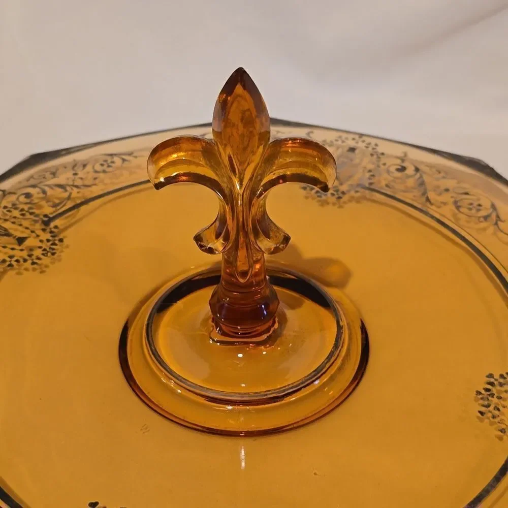 CAMBRIDGE AMBER GLASS Serving Sandwich Tray!  Art Deco Design,Sterling Etching! - Picture 2 of 9